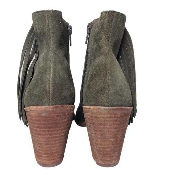 Rowen Olive Green Suede Fringe Chunky Heel Bootie Sz 6 - Picture 4 of 8